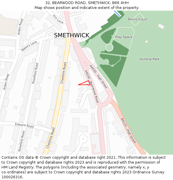 32, BEARWOOD ROAD, SMETHWICK, B66 4HH: Location map and indicative extent of plot