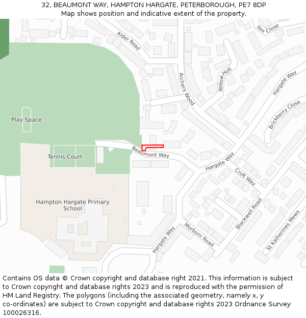 32, BEAUMONT WAY, HAMPTON HARGATE, PETERBOROUGH, PE7 8DP: Location map and indicative extent of plot