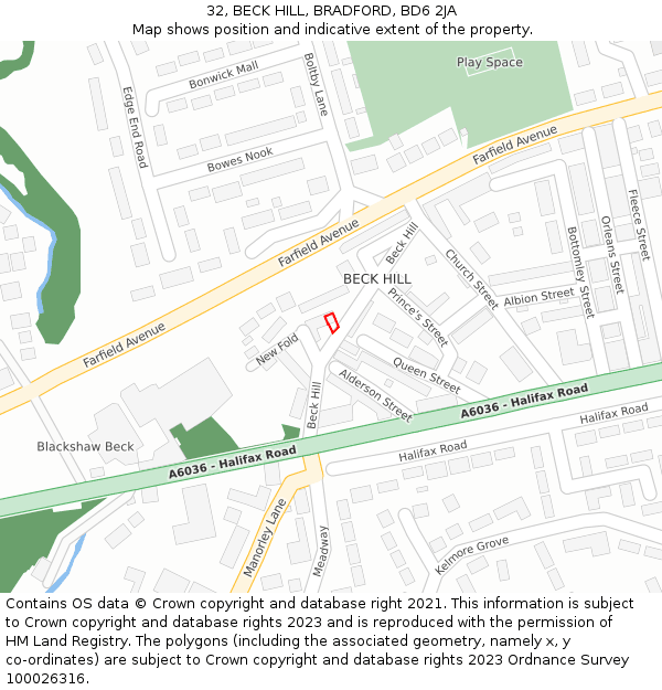 32, BECK HILL, BRADFORD, BD6 2JA: Location map and indicative extent of plot