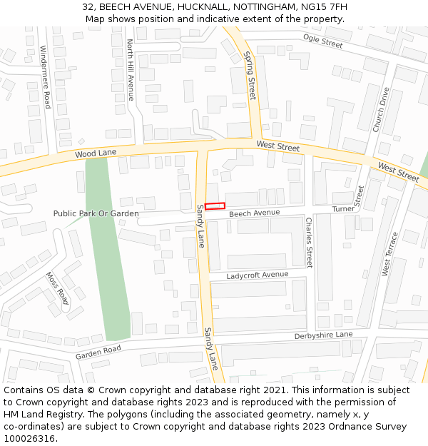 32, BEECH AVENUE, HUCKNALL, NOTTINGHAM, NG15 7FH: Location map and indicative extent of plot