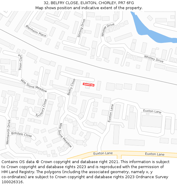 32, BELFRY CLOSE, EUXTON, CHORLEY, PR7 6FG: Location map and indicative extent of plot