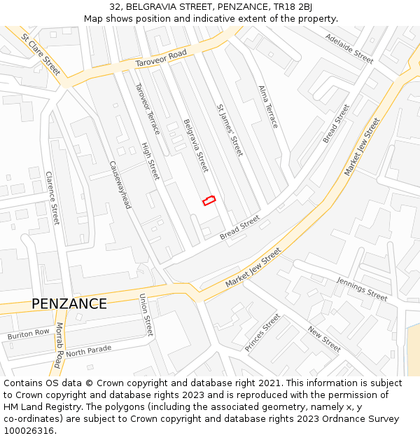 32, BELGRAVIA STREET, PENZANCE, TR18 2BJ: Location map and indicative extent of plot