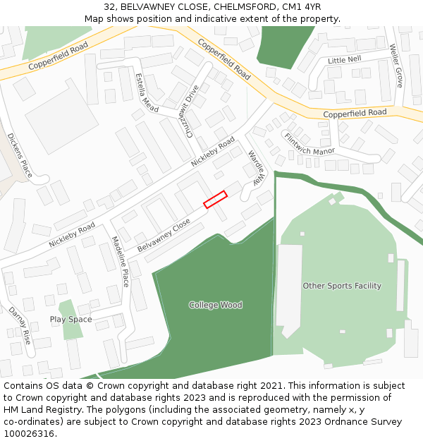 32, BELVAWNEY CLOSE, CHELMSFORD, CM1 4YR: Location map and indicative extent of plot