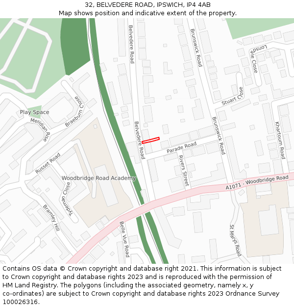 32, BELVEDERE ROAD, IPSWICH, IP4 4AB: Location map and indicative extent of plot