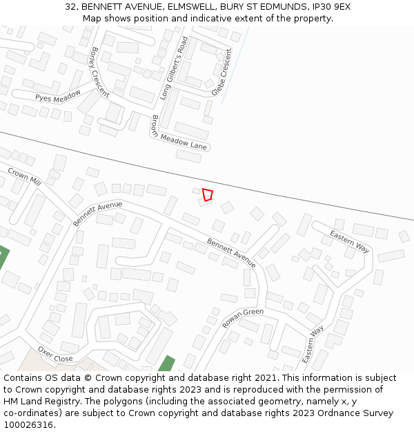 32, BENNETT AVENUE, ELMSWELL, BURY ST EDMUNDS, IP30 9EX: Location map and indicative extent of plot