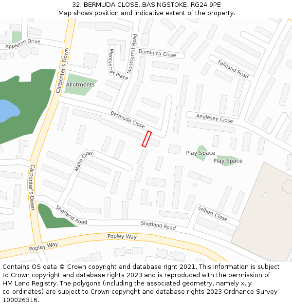 32, BERMUDA CLOSE, BASINGSTOKE, RG24 9PE: Location map and indicative extent of plot