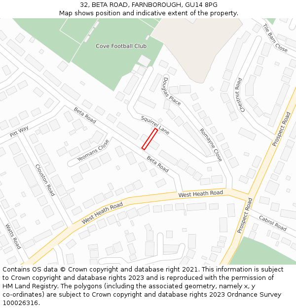 32, BETA ROAD, FARNBOROUGH, GU14 8PG: Location map and indicative extent of plot
