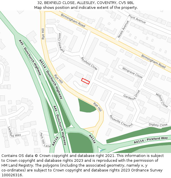 32, BEXFIELD CLOSE, ALLESLEY, COVENTRY, CV5 9BL: Location map and indicative extent of plot