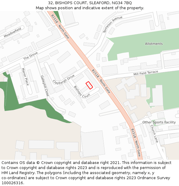 32, BISHOPS COURT, SLEAFORD, NG34 7BQ: Location map and indicative extent of plot