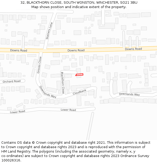 32, BLACKTHORN CLOSE, SOUTH WONSTON, WINCHESTER, SO21 3BU: Location map and indicative extent of plot