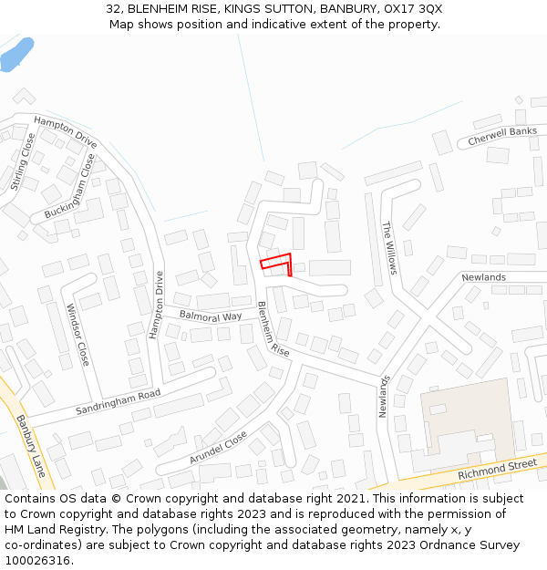 32, BLENHEIM RISE, KINGS SUTTON, BANBURY, OX17 3QX: Location map and indicative extent of plot