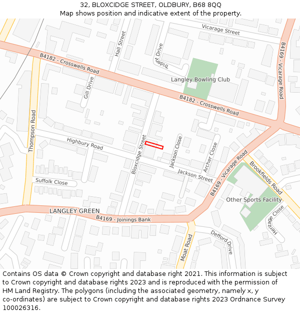 32, BLOXCIDGE STREET, OLDBURY, B68 8QQ: Location map and indicative extent of plot