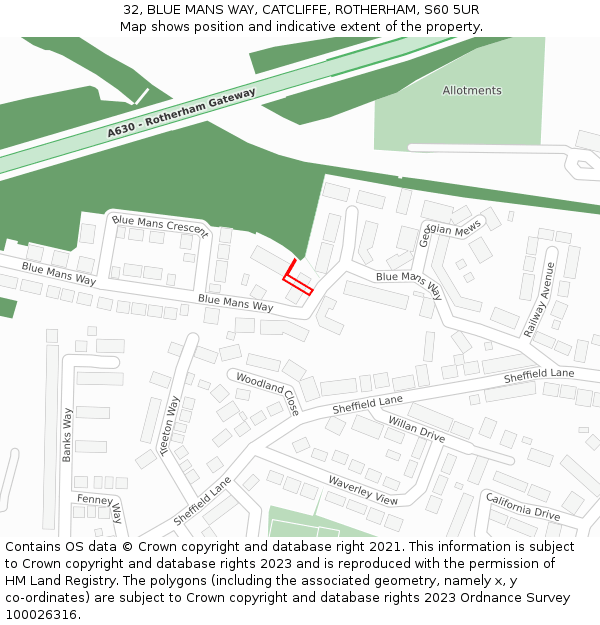 32, BLUE MANS WAY, CATCLIFFE, ROTHERHAM, S60 5UR: Location map and indicative extent of plot