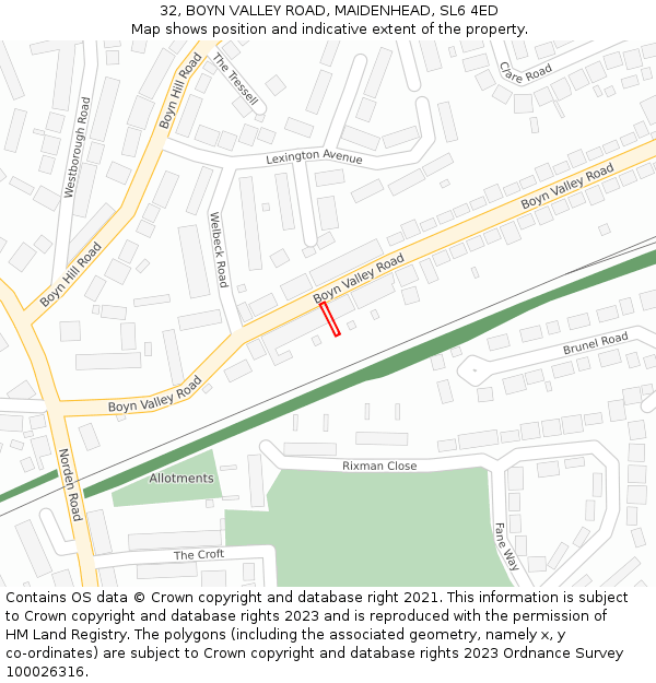 32, BOYN VALLEY ROAD, MAIDENHEAD, SL6 4ED: Location map and indicative extent of plot