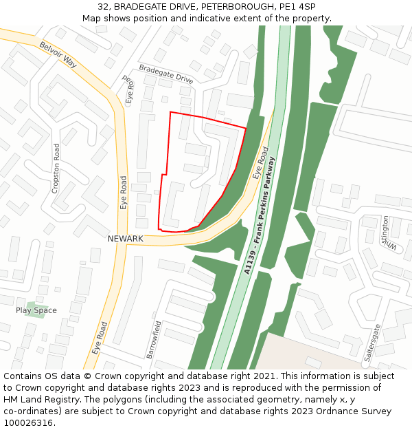 32, BRADEGATE DRIVE, PETERBOROUGH, PE1 4SP: Location map and indicative extent of plot