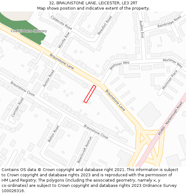 32, BRAUNSTONE LANE, LEICESTER, LE3 2RT: Location map and indicative extent of plot