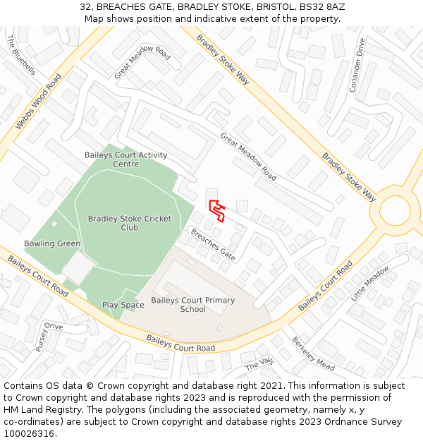 32, BREACHES GATE, BRADLEY STOKE, BRISTOL, BS32 8AZ: Location map and indicative extent of plot