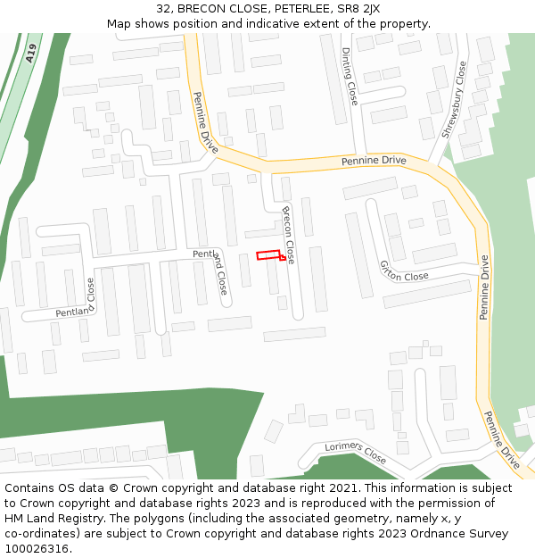 32, BRECON CLOSE, PETERLEE, SR8 2JX: Location map and indicative extent of plot