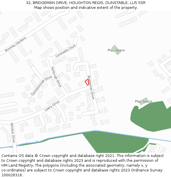 32, BRIDGEMAN DRIVE, HOUGHTON REGIS, DUNSTABLE, LU5 5SR: Location map and indicative extent of plot