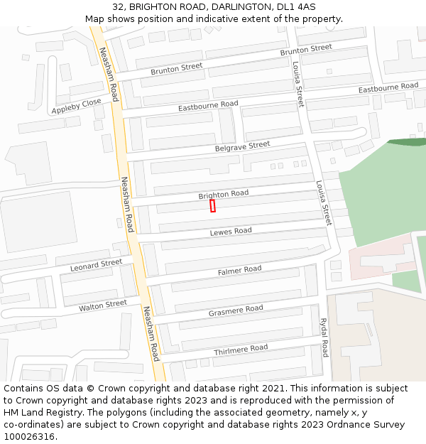 32, BRIGHTON ROAD, DARLINGTON, DL1 4AS: Location map and indicative extent of plot