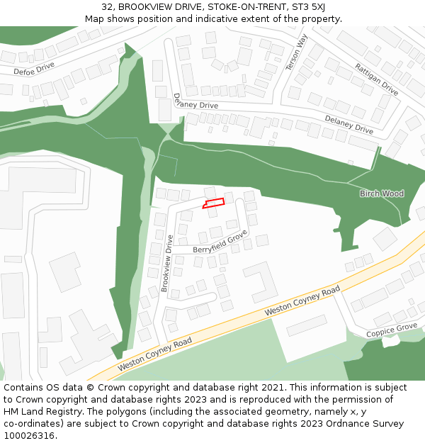 32, BROOKVIEW DRIVE, STOKE-ON-TRENT, ST3 5XJ: Location map and indicative extent of plot
