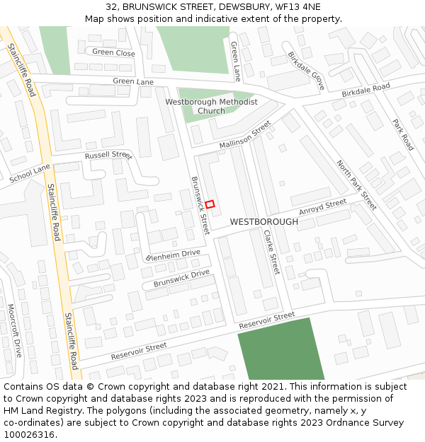32, BRUNSWICK STREET, DEWSBURY, WF13 4NE: Location map and indicative extent of plot