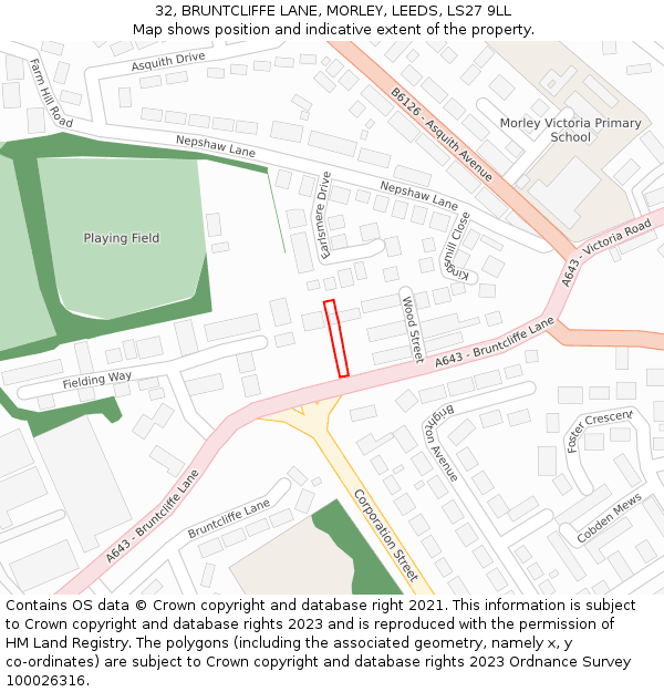 32, BRUNTCLIFFE LANE, MORLEY, LEEDS, LS27 9LL: Location map and indicative extent of plot