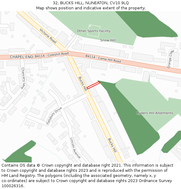 32, BUCKS HILL, NUNEATON, CV10 9LQ: Location map and indicative extent of plot