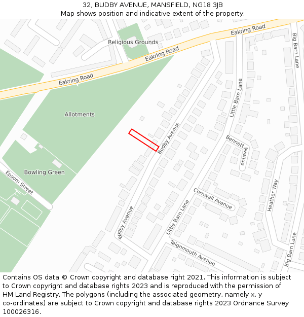 32, BUDBY AVENUE, MANSFIELD, NG18 3JB: Location map and indicative extent of plot