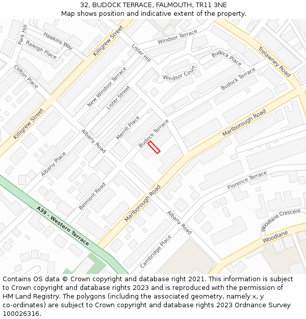 32, BUDOCK TERRACE, FALMOUTH, TR11 3NE: Location map and indicative extent of plot