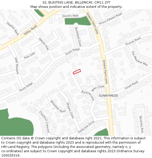 32, BUNTING LANE, BILLERICAY, CM11 2YT: Location map and indicative extent of plot