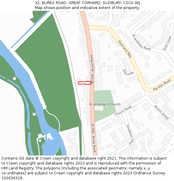32, BURES ROAD, GREAT CORNARD, SUDBURY, CO10 0EJ: Location map and indicative extent of plot
