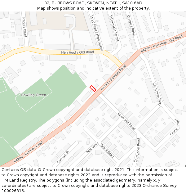 32, BURROWS ROAD, SKEWEN, NEATH, SA10 6AD: Location map and indicative extent of plot