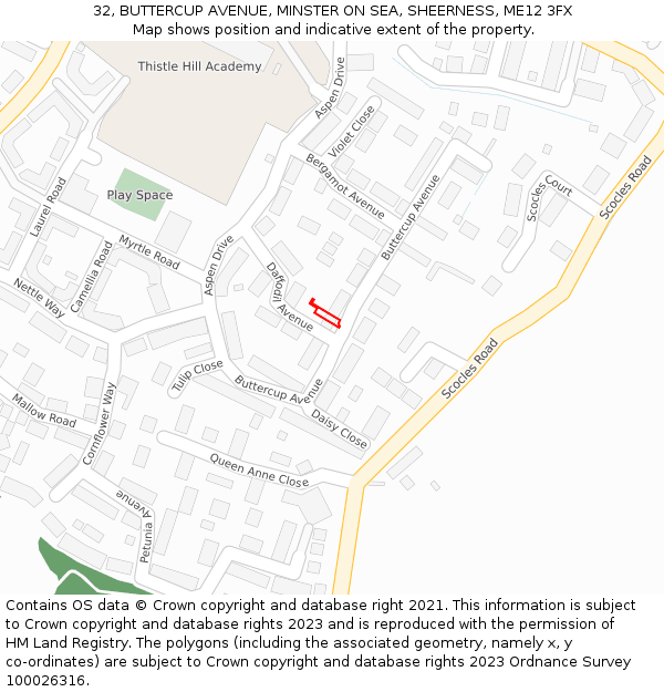 32, BUTTERCUP AVENUE, MINSTER ON SEA, SHEERNESS, ME12 3FX: Location map and indicative extent of plot