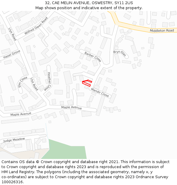 32, CAE MELIN AVENUE, OSWESTRY, SY11 2US: Location map and indicative extent of plot