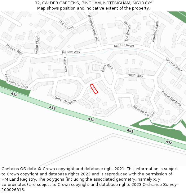 32, CALDER GARDENS, BINGHAM, NOTTINGHAM, NG13 8YY: Location map and indicative extent of plot
