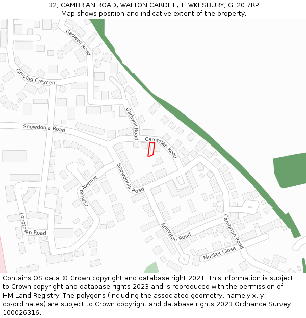 32, CAMBRIAN ROAD, WALTON CARDIFF, TEWKESBURY, GL20 7RP: Location map and indicative extent of plot