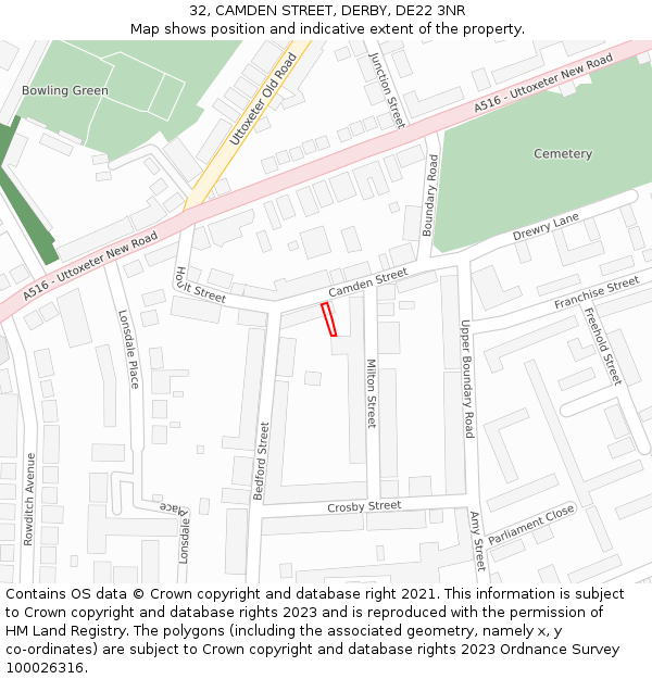 32, CAMDEN STREET, DERBY, DE22 3NR: Location map and indicative extent of plot