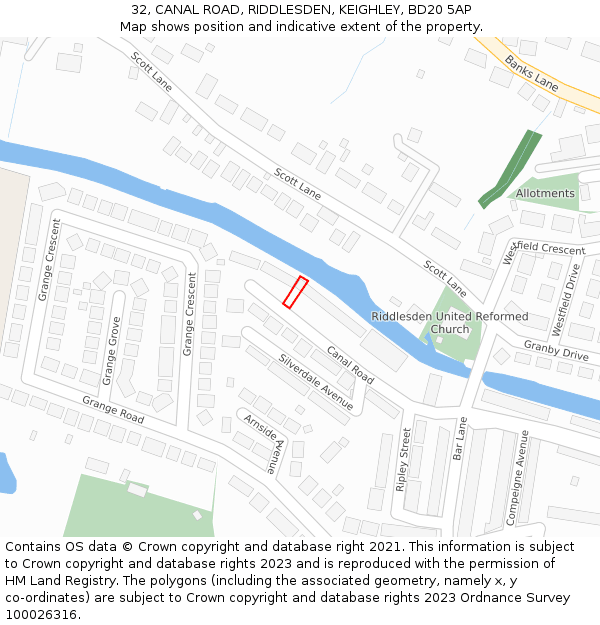 32, CANAL ROAD, RIDDLESDEN, KEIGHLEY, BD20 5AP: Location map and indicative extent of plot