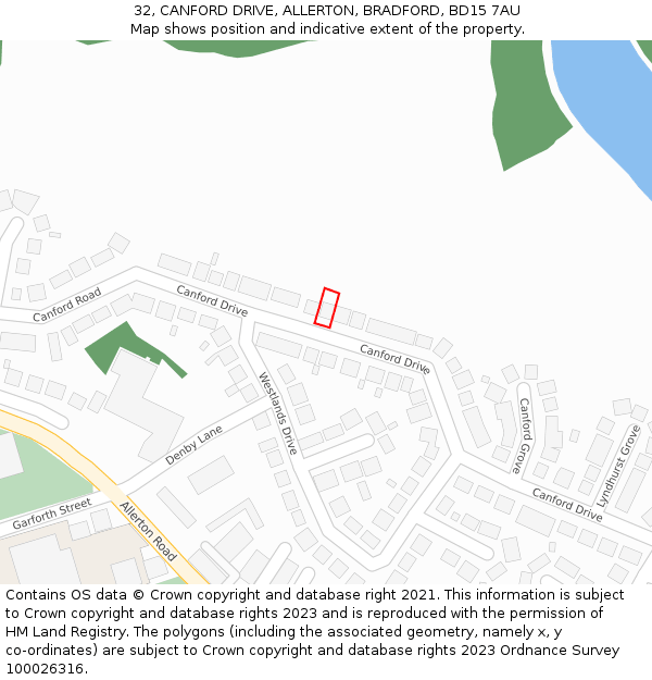32, CANFORD DRIVE, ALLERTON, BRADFORD, BD15 7AU: Location map and indicative extent of plot