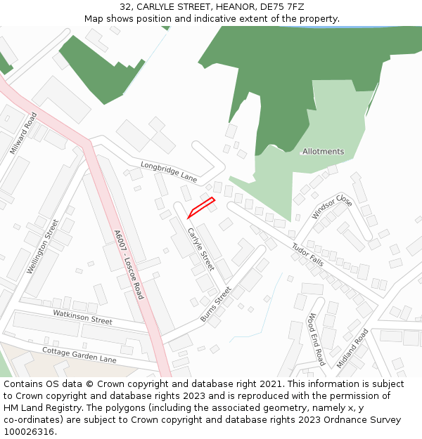 32, CARLYLE STREET, HEANOR, DE75 7FZ: Location map and indicative extent of plot