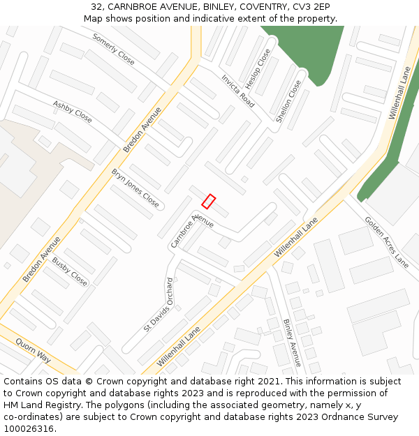 32, CARNBROE AVENUE, BINLEY, COVENTRY, CV3 2EP: Location map and indicative extent of plot
