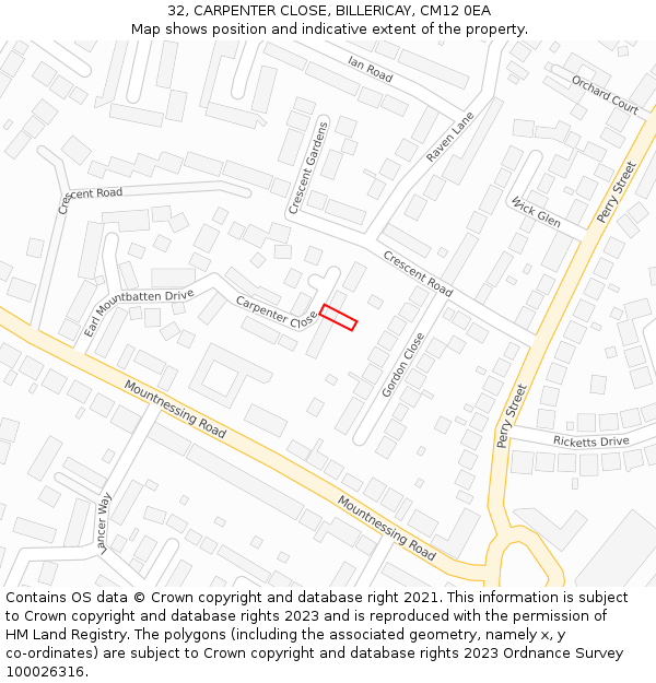 32, CARPENTER CLOSE, BILLERICAY, CM12 0EA: Location map and indicative extent of plot