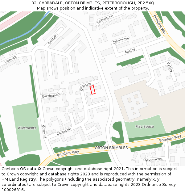 32, CARRADALE, ORTON BRIMBLES, PETERBOROUGH, PE2 5XQ: Location map and indicative extent of plot