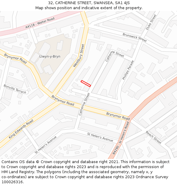 32, CATHERINE STREET, SWANSEA, SA1 4JS: Location map and indicative extent of plot
