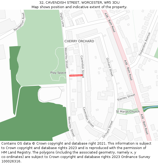 32, CAVENDISH STREET, WORCESTER, WR5 3DU: Location map and indicative extent of plot