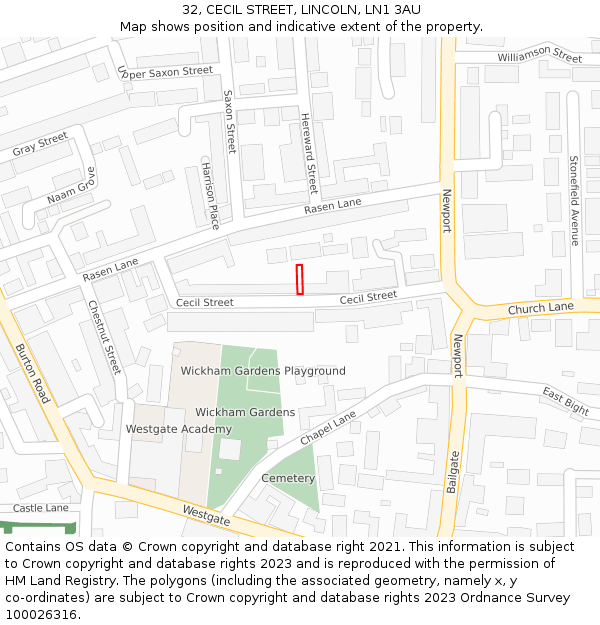 32, CECIL STREET, LINCOLN, LN1 3AU: Location map and indicative extent of plot