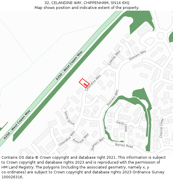32, CELANDINE WAY, CHIPPENHAM, SN14 6XQ: Location map and indicative extent of plot
