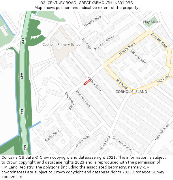 32, CENTURY ROAD, GREAT YARMOUTH, NR31 0BS: Location map and indicative extent of plot