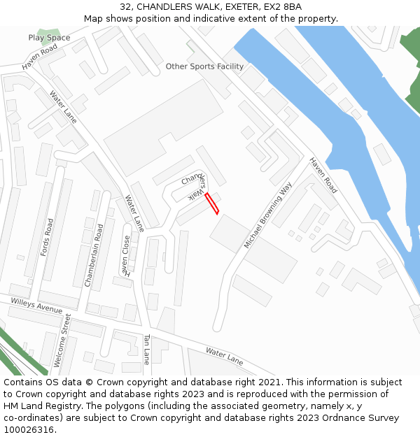 32, CHANDLERS WALK, EXETER, EX2 8BA: Location map and indicative extent of plot